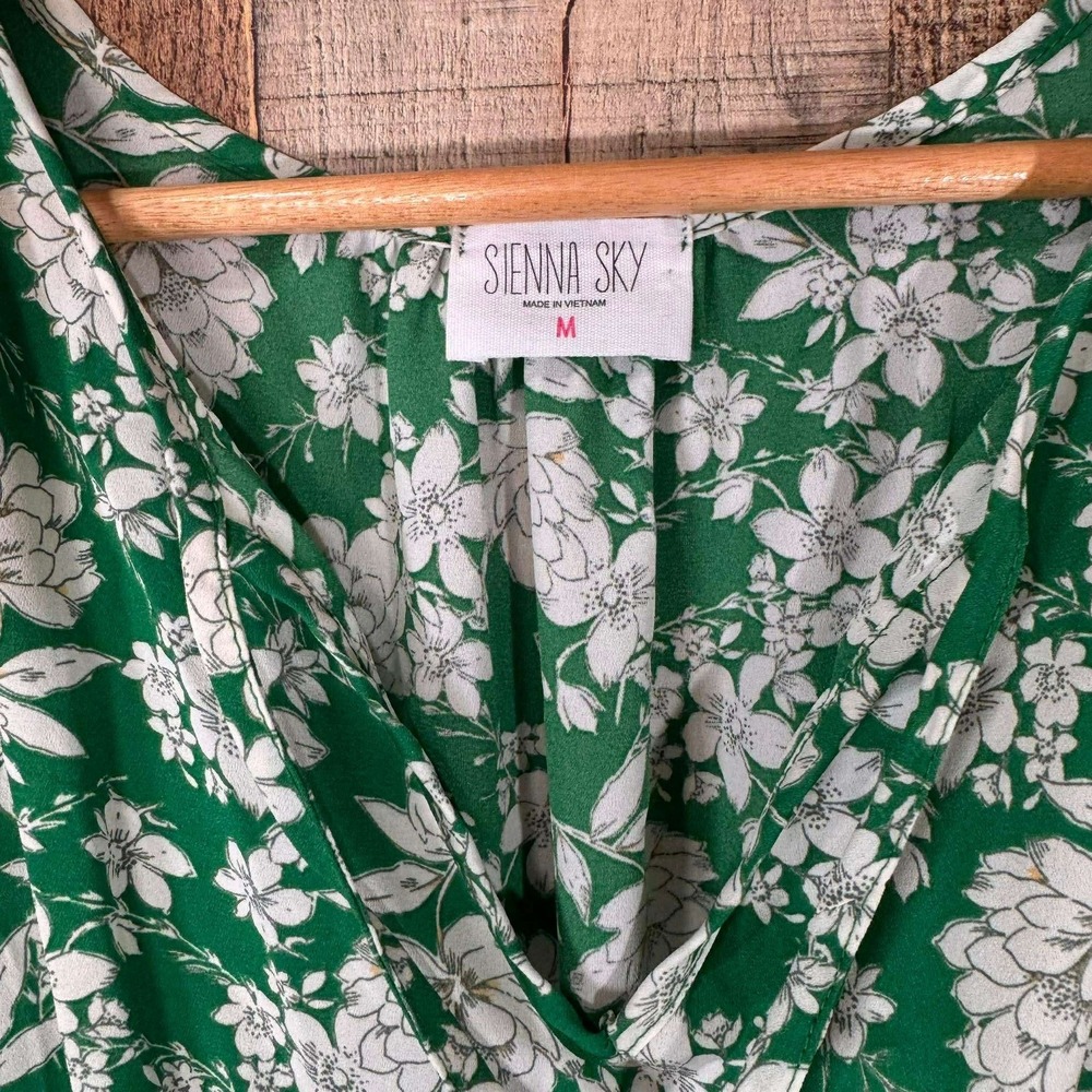 Sienna Sky Green White Floral Smocked Waist Midi Dress Medium Boho Flowy Summer - Picture 3 of 7
